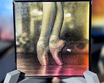 Ballet Pointe Shoes Art, Laser-Etched Tile Coaster or Mini Canvas, Hand-Colorized Desk Decor