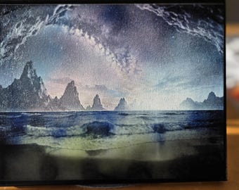 Mountains and Sky Canvas Art, 14x11 inch Laser-Etched Hand-Colorized Wall and Tabletop Decor