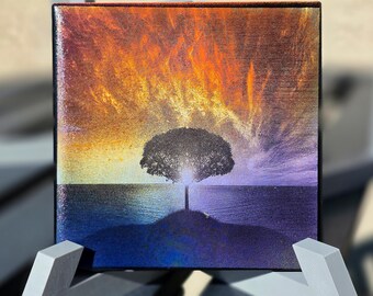 Lone Tree Sunset Art, Laser-Etched Tile Coaster or Mini Canvas, Hand-Colorized Desk Decor