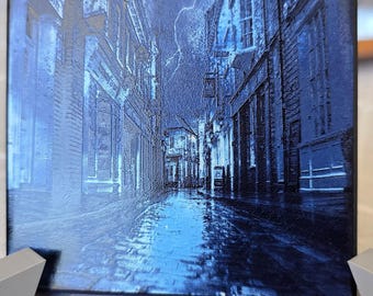 Blue Rainy Street Art, Sealed 4x4 Ceramic Tile Coaster, Hand-Colorized Desk and Wall Decor