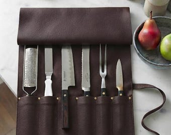 Personalisierte Messertasche aus Leder, Kochmessertasche mit Utensilienfächern, aufrollbare Messertasche, Messeraufbewahrungsorganizer