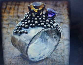 Antique 925 Silver Citrine & Amethyst Gemstone Womans Ring Beaconhillcollect Antique 925 Silver Citrine Amethyst Gemstone Womans Ring