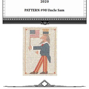 Könnte beinhalten: Stickmuster für Onkel Sam, eine Comicfigur in einem blauen Anzug und rot-weiß gestreiften Hosen, die eine amerikanische Flagge hält. Das Muster trägt den Titel "PATTERN #98 Uncle Sam" und das Jahr "2020" ist über dem Titel gedruckt. Der Text "Xstitch Uncle Sam" ist unter dem Muster gedruckt.