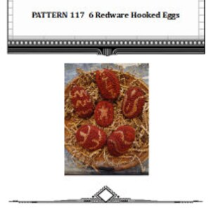 May include: Six red hooked eggs in a basket. The eggs are decorated with white and yellow swirls.