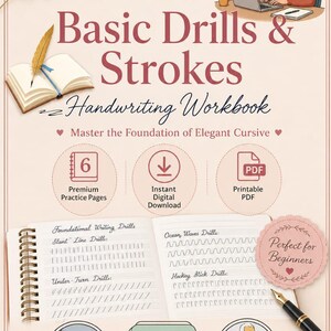 May include: A digital handwriting workbook titled Level 1: Basic Drills & Strokes. The cover features an open book with a quill, a person using a laptop, and practice pages showing slant, under-turn, ocean wave, and hockey stick drills.