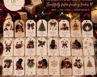 24 Printable Christmas Gift Tags | Black Santa, Festive Illustrations (Digital Download)