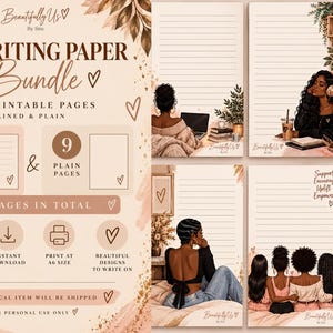 May include: A digital A6 writing paper bundle featuring 18 printable pages with lined and plain options. The stationery displays illustrations of Black individuals in various settings, accented with heart icons and warm beige tones.