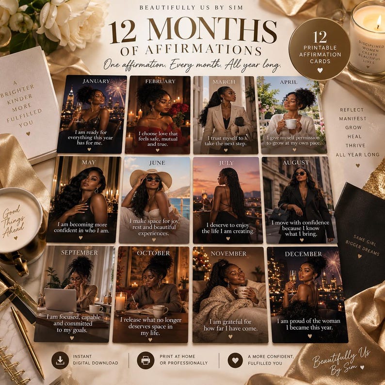 12 Monthly Affirmation Cards for Black Women | 2027 Self Love (digital ...