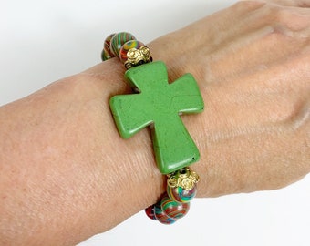 Valentine/'s Day cross bracelet birthday party gift idea Christmas Pink and snowflake tinted howlite cross bracelet