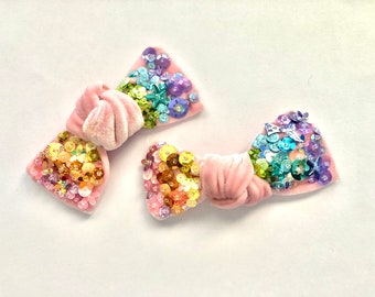 Rainbow sequins velvet sparkle knot piggies, alligator clip or nylon headband, valentine hair accessories