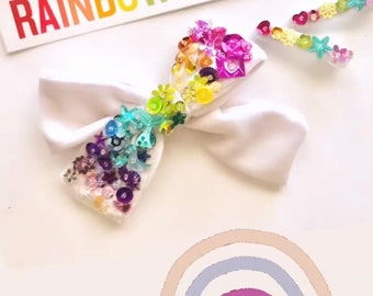 Rainbow velvet sparkle, alligator clip or nylon headband