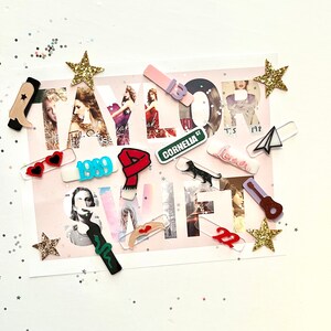 May include: A collage of colorful acrylic stickers featuring the name "TAYLOR SWIFT" with various album titles and song lyrics, including "1989", "Cornelia Street", "Lover", and "T.S. 1989".