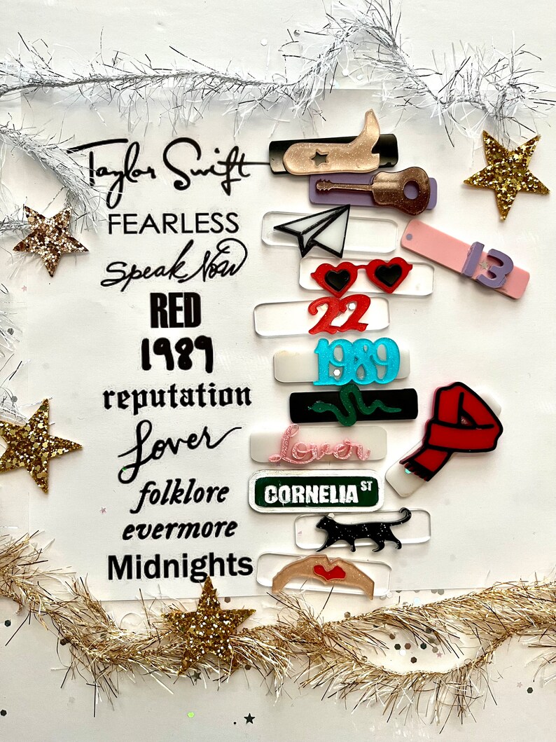 May include: A collage of album covers and other graphics representing Taylor Swift's music career. The album titles include "Fearless", "Speak Now", "Red", "1989", "reputation", "Lover", "folklore", "evermore", and "Midnights".