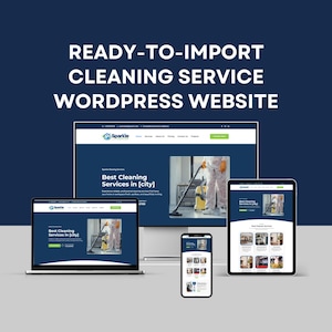 Peut inclure: Un affichage numérique d'un site web WordPress de services de nettoyage prêt à importer, présenté sur un écran d'ordinateur, un ordinateur portable, une tablette et un smartphone. Les écrans affichent le logo Sparkle Cleaning et du texte.