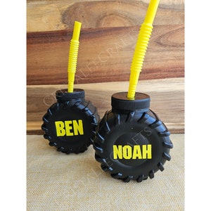 Personalized Tire Cup with Straw: Construction Monster Truck Party Favor