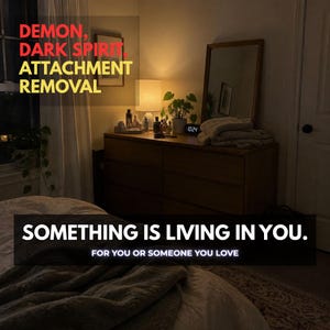 May include: A bedroom scene featuring a wooden dresser with a lamp, a mirror, and a potted plant. Text overlays read: DEMON, DARK SPIRIT, ATTACHMENT REMOVAL and SOMETHING IS LIVING IN YOU. FOR YOU OR SOMEONE YOU LOVE.