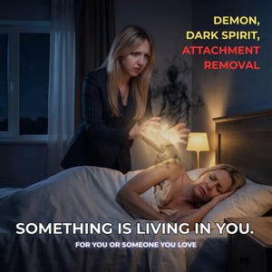 Op de afbeelding: Een digitale illustratie van een persoon in een donkere blazer die boven een slapend persoon staat en fel licht uitstraalt naar een donker, rokerig, mensachtig silhouet. Tekst: DEMON, DARK SPIRIT, ATTACHMENT REMOVAL. SOMETHING IS LIVING IN YOU.