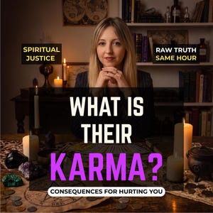 Puede incluir: Una persona sentada tras una mesa con velas, cristales, monedas y cartas de tarot. El texto superpuesto dice: SPIRITUAL JUSTICE, RAW TRUTH SAME HOUR, WHAT IS THEIR KARMA?, y CONSEQUENCES FOR HURTING YOU. La escena tiene una iluminación tenue.