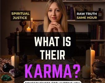 May include: A person sits behind a table with candles, crystals, coins, and a tarot deck. Text overlays read: SPIRITUAL JUSTICE, RAW TRUTH SAME HOUR, WHAT IS THEIR KARMA?, and CONSEQUENCES FOR HURTING YOU. The scene is dimly lit with a bookshelf in the background.