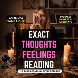May include: A tarot card reading service advertisement featuring the text EXACT THOUGHTS FEELINGS READING, SAME DAY SAME HOUR, and + 275 SALES HONEST & ACCURATE. The image displays a person holding The Emperor tarot card, surrounded by lit candles.