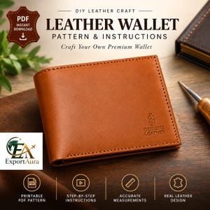 Könnte beinhalten: Ein beigefarbenes Lederportemonnaie mit sichtbaren Nähten und einem eingeprägten Logo mit der Aufschrift Genuine Leather. Das Bild enthält Text: DIY LEATHER CRAFT LEATHER WALLET PATTERN & INSTRUCTIONS, Craft Your Own Premium Wallet, ExportAura sowie Symbole für PDF, Video, Lineal und Leder.