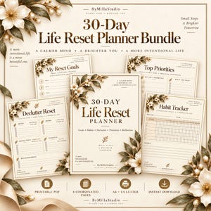 Puede incluir: Un paquete de planificador 30-Day Life Reset con páginas PDF imprimibles y detalles florales. Las páginas incluyen títulos como My Reset Goals, Top Priorities, Declutter Reset y Habit Tracker, con texto para objetivos, hábitos y reflexiones.