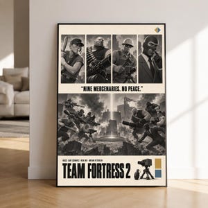 Peut inclure: Une affiche Team Fortress 2 avec quatre portraits de personnages en haut et une scène de bataille en bas. Le texte indique "NINE MERCENARIES. NO PEACE." et "TEAM FORTRESS 2" avec les crédits des voix. Inclut une grenade et une tourelle.
