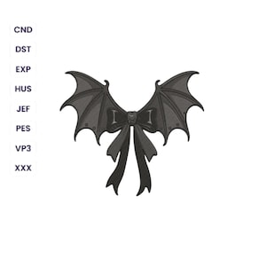 May include: A black embroidered bow design featuring bat wings extending from the center knot. The design includes the text CND, DST, EXP, HUS, JEF, PES, VP3, and XXX listed vertically on the left side of the black bow graphic.