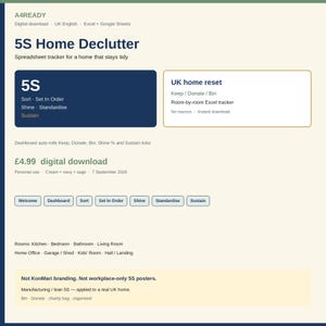 May include: A digital 5S Home Declutter spreadsheet tracker for Excel and Google Sheets. The interface features navy and cream sections with text including Sort, Set in Order, Shine, Standardise, Sustain, and a room-by-room tracker for home organisation.
