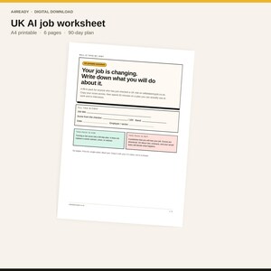 Könnte beinhalten: Ein digitales, druckbares A4-Arbeitsblatt zum Thema KI-Jobs in Großbritannien mit sechs Seiten und einem 90-Tage-Plan. Das Dokument enthält schwarzen Text auf weißem Hintergrund mit Feldern für Berufsbezeichnung, Punktzahl, Datum und Arbeitgeber.