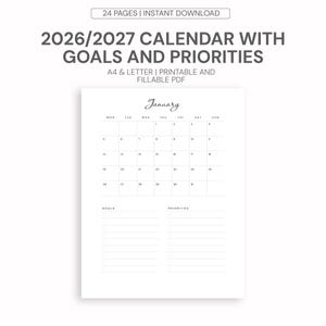 Pode incluir: Um calendário 2026/2027 de 24 páginas em PDF imprimível, apresentando uma grade mensal para janeiro com seções para metas e prioridades. O documento é no formato A4 e Letter com o texto 2026/2027 CALENDAR WITH GOALS AND PRIORITIES.