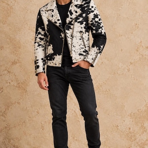 Mens Cowhide Leather Jacket  | Western Style Black White Real Leather Jacket | Vintage Hair-On Hide Cropped Jacket