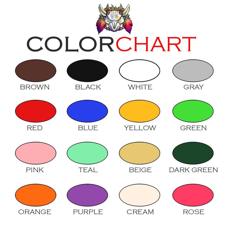May include: A color chart with a variety of color swatches, including brown, black, white, gray, red, blue, yellow, green, pink, teal, beige, dark green, orange, purple, cream, and rose. The text "COLOR CHART" is displayed at the top.