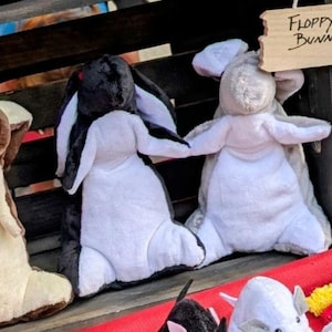 May include: Plush floppy bunny toys in black and white, and gray and white. The toys have long ears and outstretched arms. A wooden sign that says "Floppy Bunnies" is visible in the background.