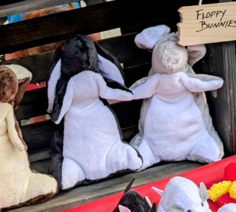 May include: Plush floppy bunny toys in black and white, and gray and white. The toys have long ears and outstretched arms. A wooden sign that says "Floppy Bunnies" is visible in the background.