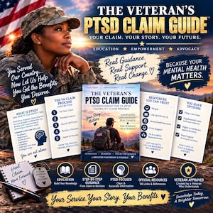 May include: A guide titled The Veteran's PTSD Claim Guide featuring educational materials, checklists, and resources for veterans. The display includes a central book, informational cards, a notebook, a pen, and a dog tag on a textured surface.