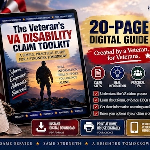 May include: A digital guide titled The Veteran's VA Disability Claim Toolkit displayed on a tablet screen. The cover features a soldier silhouette against a sunset. Beside it, text highlights a 20-page digital guide for veterans with icons.