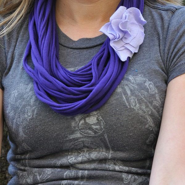 Upcycled Spring/Summer Scarf, Shredded Tshirt Scarf, Jersey Scarf in Deep Purple with Handmade Removable Flower