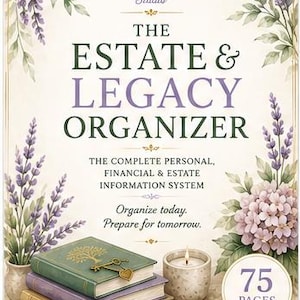 Pode incluir: Um organizador de espólio e legado de 75 páginas com capa creme e ilustrações florais em lavanda e verde. O texto diz: THE ESTATE & LEGACY ORGANIZER, THE COMPLETE PERSONAL, FINANCIAL & ESTATE INFORMATION SYSTEM.