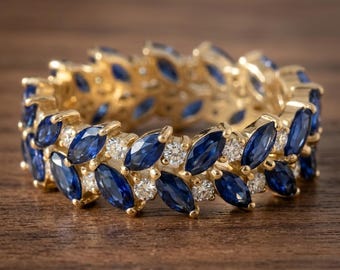 Blue Sapphire Moissanite Ring, 925 Sterling Silver 18K Gold Plated Ring, Blue Sapphire Band, Handmade Anniversary Gift for Her