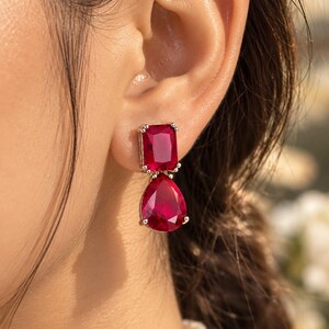 Boucles d'oreilles pendantes en pierre précieuse rouge, bijoux en cristal rectangulaire et en forme de poire