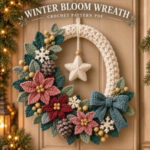 クリスマスリースかぎ針編みパターンPDF、星とリボン付きポインセチアドアリース、冬の花の装飾、図解ガイド