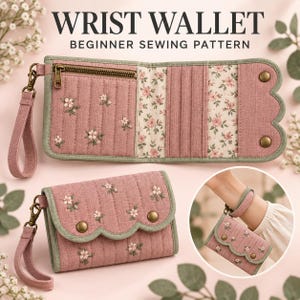 Könnte beinhalten: Ein Handgelenksgeldbörsen-Schnittmuster für Anfänger aus gestepptem, altrosa Stoff mit kleinen weißen Blumenstickereien, salbeigrüner Einfassung, gewellter Klappe mit zwei Messingdruckknöpfen, Reißverschlusstasche, Kartenfächern und abnehmbarer Handschlaufe.