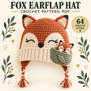Può includere: Un modello PDF all'uncinetto per un cappello da volpe con paraorecchie intitolato FOX EARFLAP HAT CROCHET PATTERN PDF con 64 PHOTO STEPS. Il cappello è arancione e crema con una tasca verde contenente una piccola volpe, trecce e un muso.