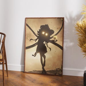 May include: A framed rectangular wall art print featuring a dark silhouette of a character with glowing yellow X-shaped eyes and a glowing yellow circular object held in one hand, set against a hazy, golden-brown background with floating particles.