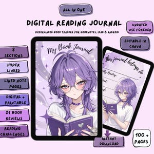 Könnte beinhalten: Ein digitales Lesetagebuch auf zwei Tablets, das eine Anime-Figur mit lila Haaren und Brille zeigt, die ein Buch hält. Der Text umfasst "Digital Reading Journal", "My Book Journal", "This journal belongs to" und "All in one".