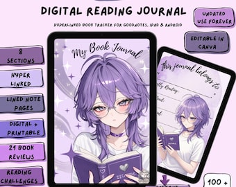 May include: A digital reading journal displayed on two tablets, featuring an anime-style character with purple hair and glasses holding a book. Text includes "Digital Reading Journal," "My Book Journal," "This journal belongs to," and "All in one."