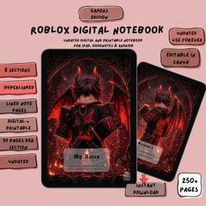 May include: A digital notebook for tablets featuring a Roblox-style character with horns and wings in a dark, fiery setting. The cover displays the text My Notes. Surrounding text boxes highlight features like 8 sections, hyperlinked, and 250+ pages.