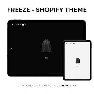 Puede incluir: Una visualización digital del tema Shopify Freeze en dos tabletas. La tableta más grande muestra una interfaz negra con un icono de mochila, mientras que la más pequeña muestra una interfaz blanca con la misma mochila. Texto: FREEZE - SHOPIFY THEME.