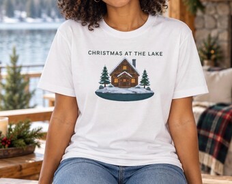 Camiseta de Natal no Lago, Camiseta de Natal com Cabana Nevosa no Lago, Comfort Colors